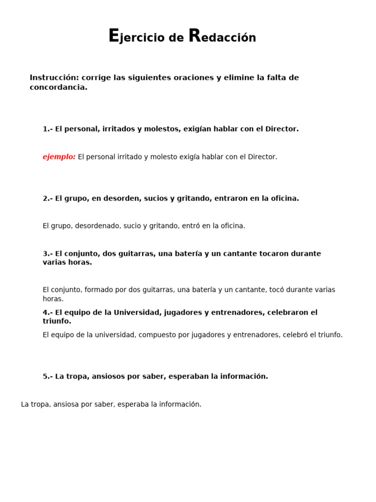 Ejercicios de Redacción y Concordancia | PDF