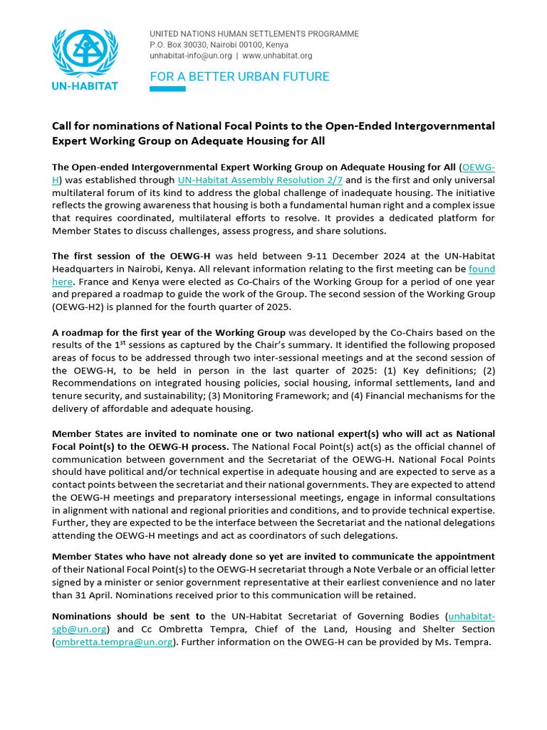 Call for National Focal Points for Housing | PDF | United Nations Human ...