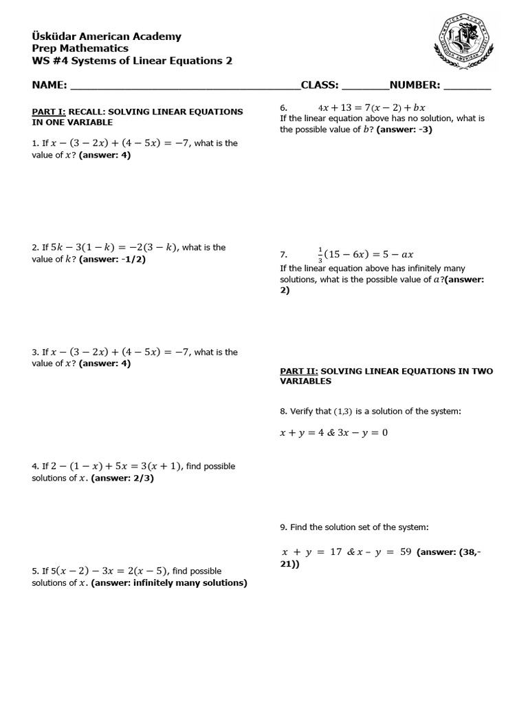 Linear Equations Worksheet Answers | PDF | Equations | Mathematical ...