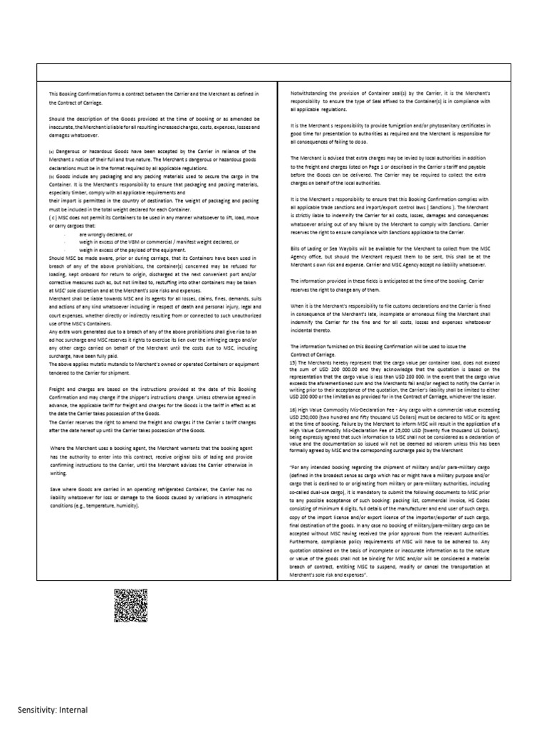 MSC Bill of Lading Terms Overview | PDF | Cargo | Bill Of Lading