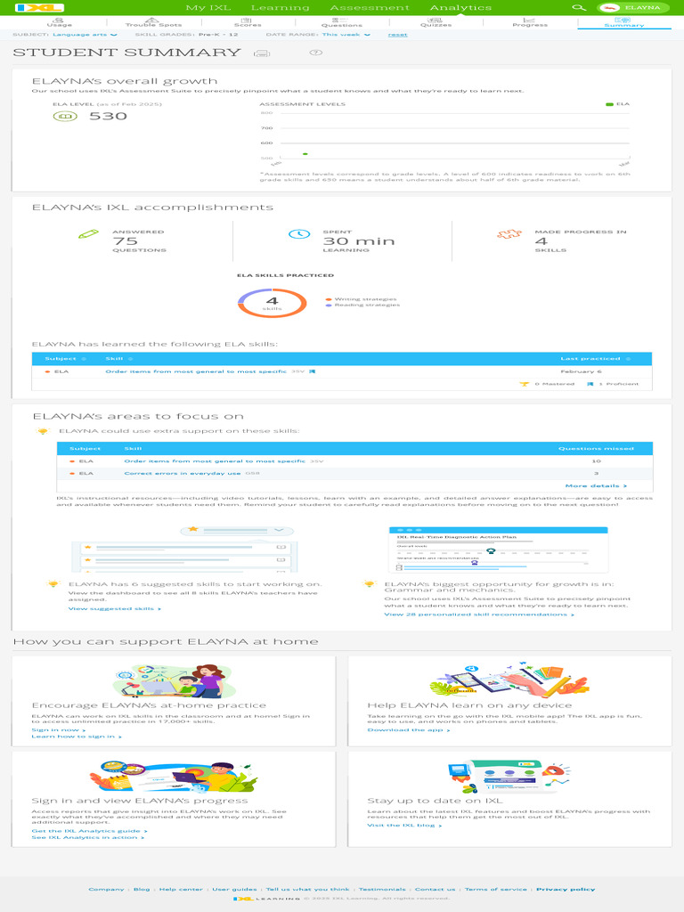 Elayna's IXL Student Progress Report | PDF | Mobile App | Learning