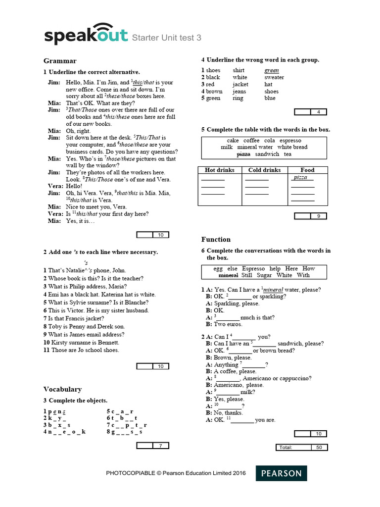 Starter Unit Test 3: Grammar & Vocabulary | PDF | Non Alcoholic Drinks ...