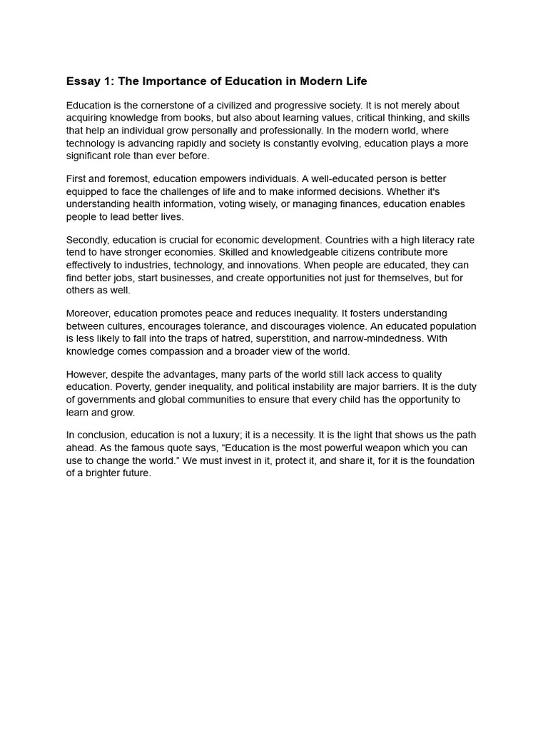Essay 1 - The Importance of Education in Modern Life | PDF