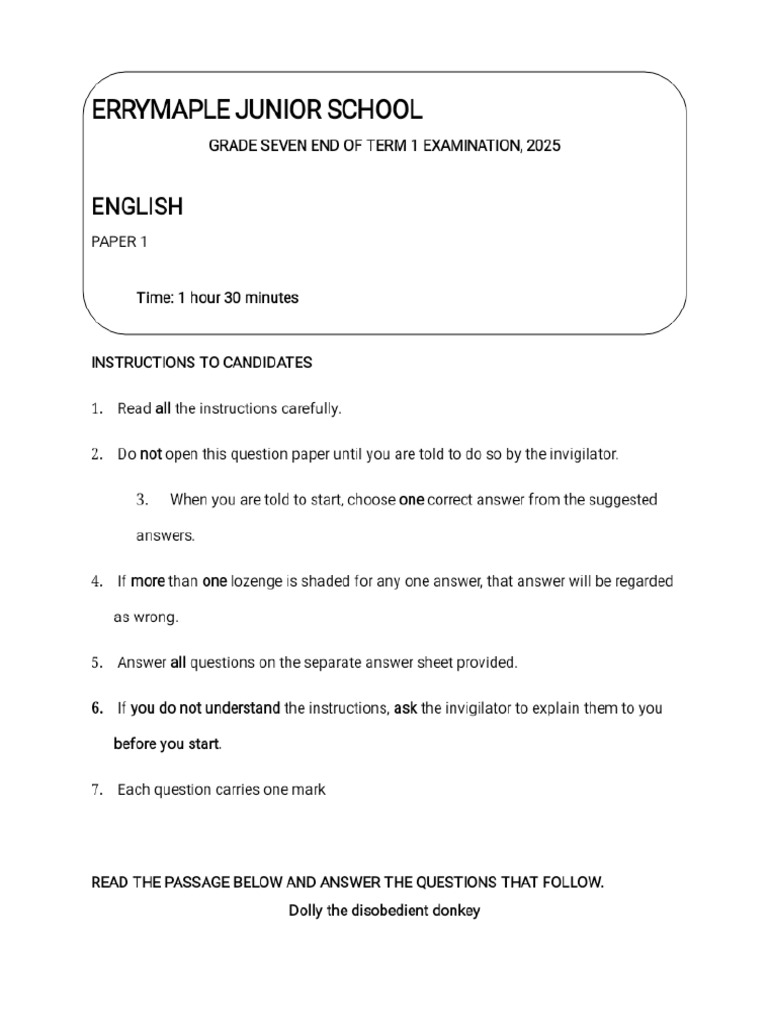Grade 7 English Paper 1 2025 | PDF