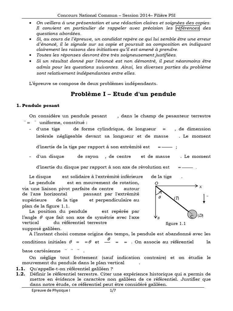 Épreuve de Physique I - Concours 2014 PSI | PDF | Pendule (physique ...