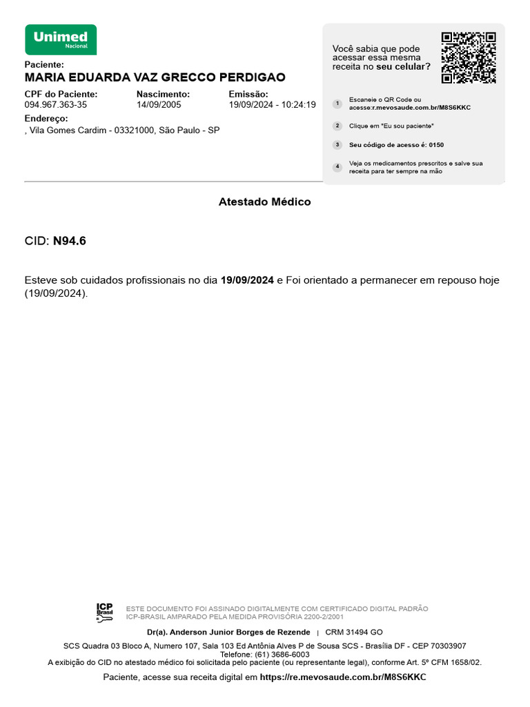 Atestado Médico - CID N94.6 | PDF