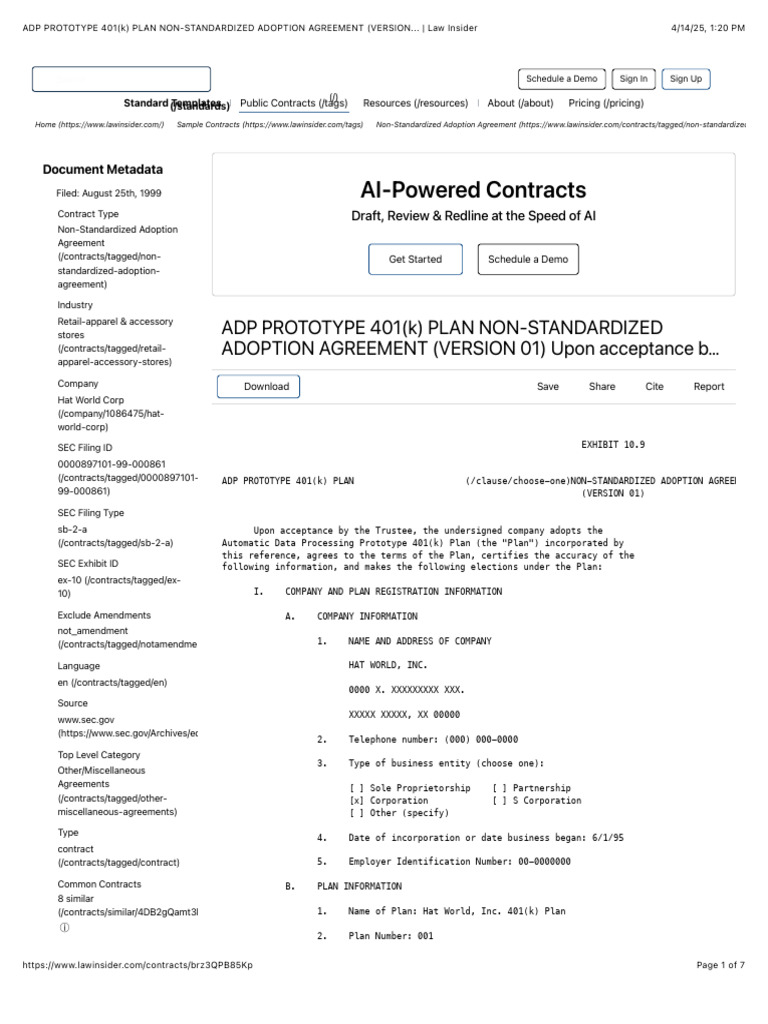 ADP Prototype 401(k) Plan Agreement | PDF | 401(K) | Business