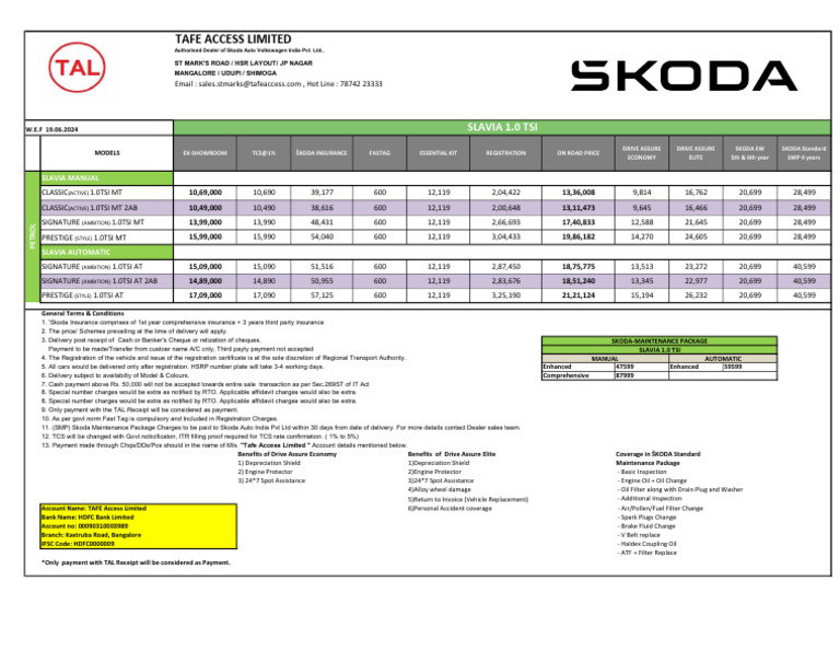 Slavia 1.0 Price List - 19062024 - New Logo | PDF | Payments | Motor ...