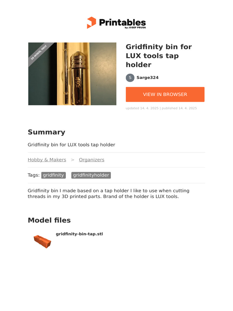 Gridfinity Bin for LUX Tools Holder | PDF