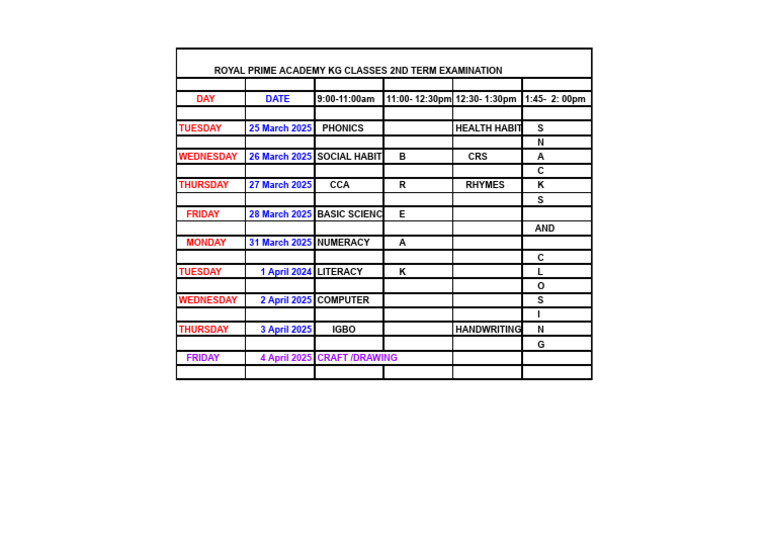 KG Classes 2nd Term Examination Time Table | PDF