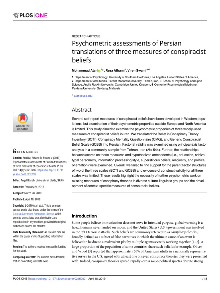 Psychometric Assessments of Persian Translations of Three Measures of ...