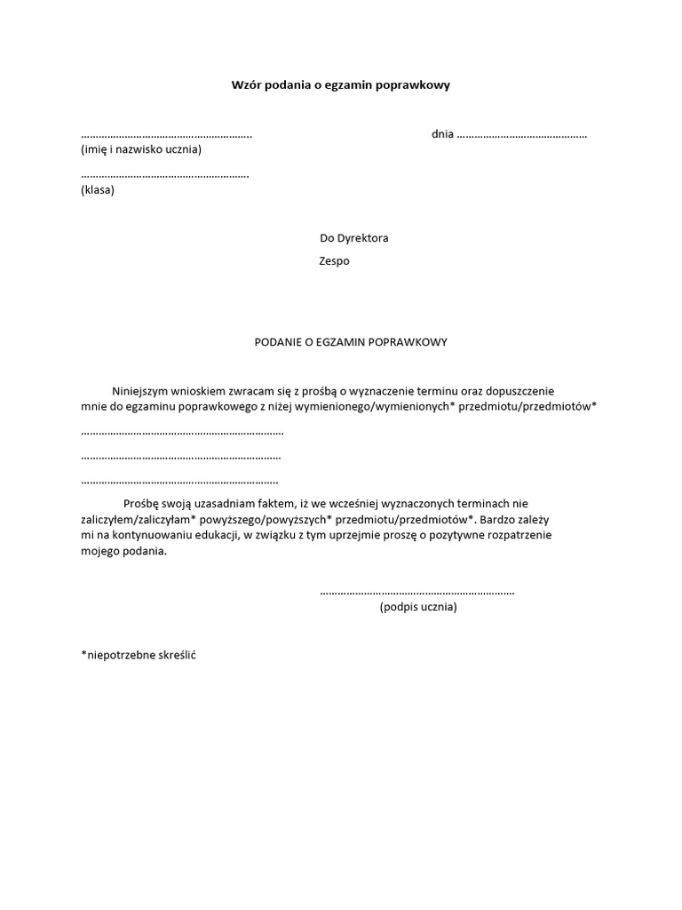 Podanie Egzamin Poprawkowy | PDF