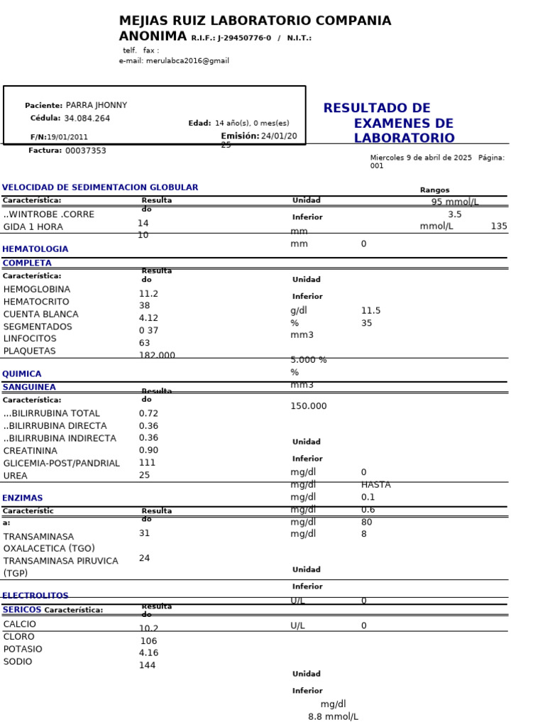 Resultados de Exámenes de Laboratorio | PDF | Hematología | Sangre