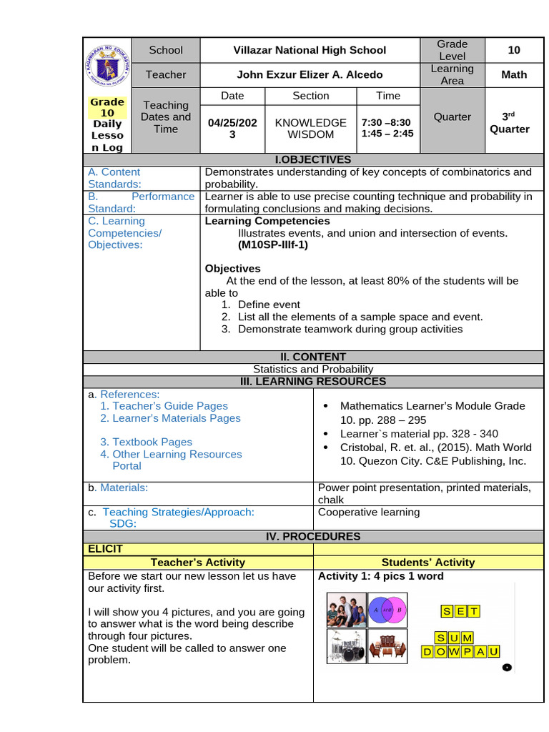 Grade 10 Math Lesson on Probability | PDF | Probability | Learning