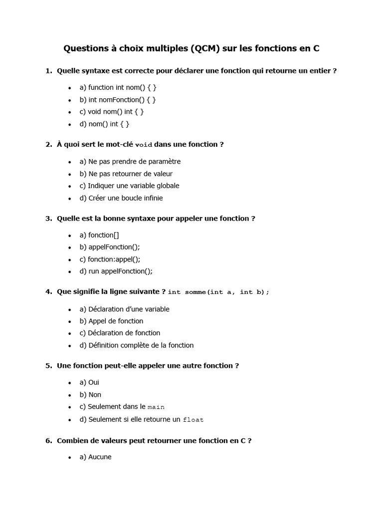 QCM et exercices sur les fonctions en C | PDF | Variable (informatique ...