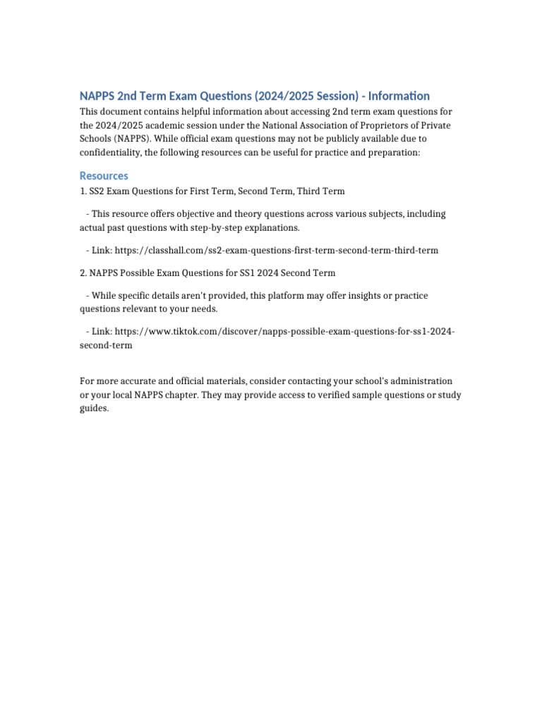 NAPPS 2nd Term Exam Questions 2024 | PDF