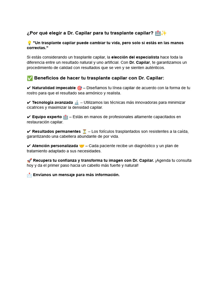 Trasplante Capilar con Dr. Capilar | PDF