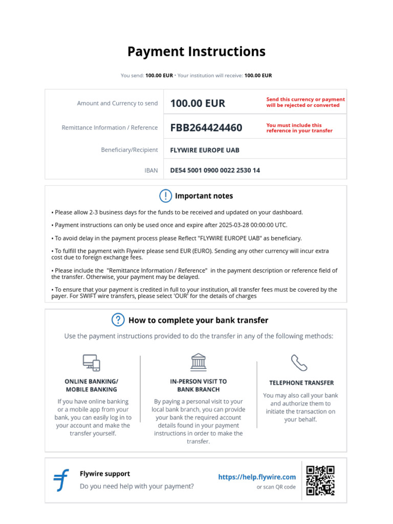 Flywire Europe Payment Instructions | PDF | Euro | Payments