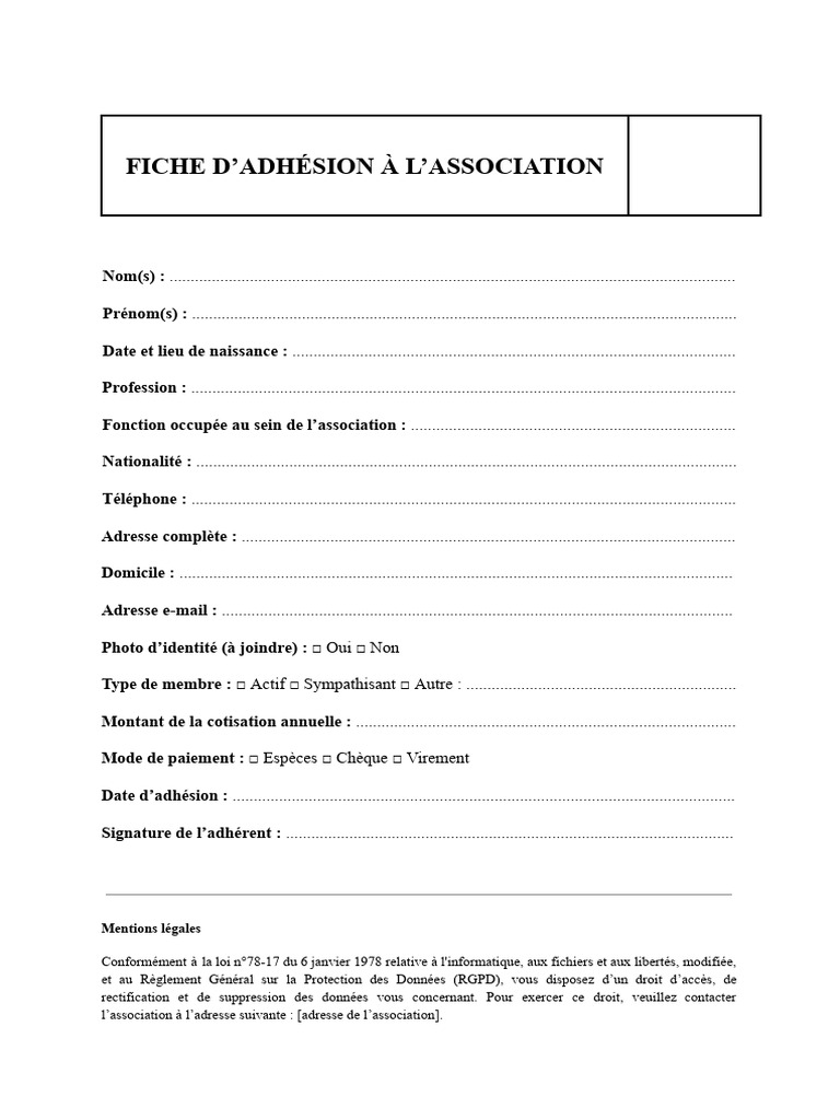 Fiche d'Adhésion à l'Association | PDF