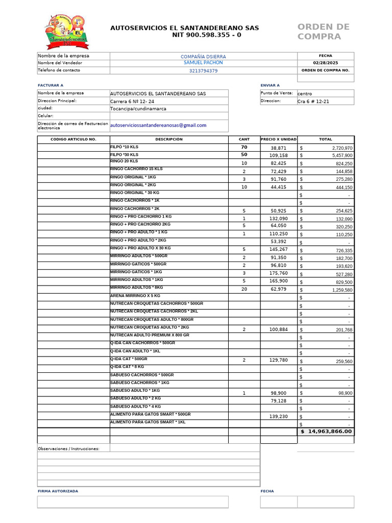 Orden de Compra Autoservicios SAS | PDF