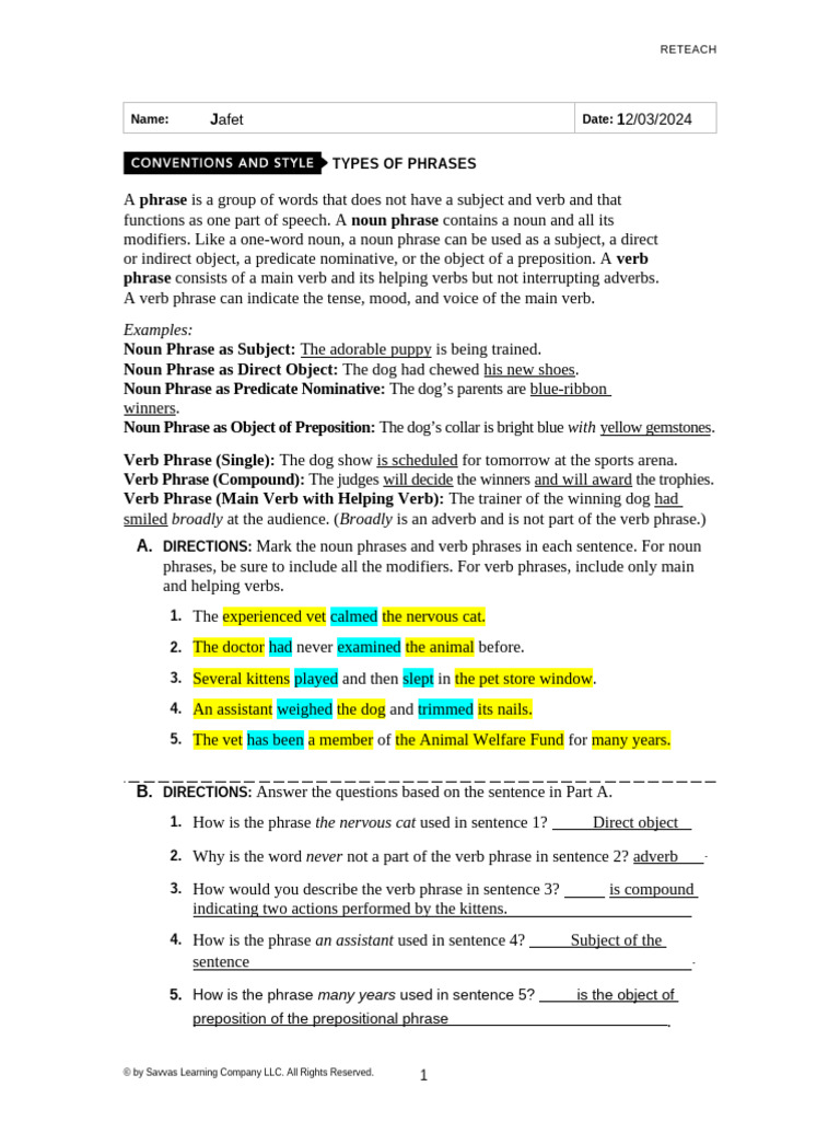 Understanding Noun and Verb Phrases | PDF | Verb | Phrase