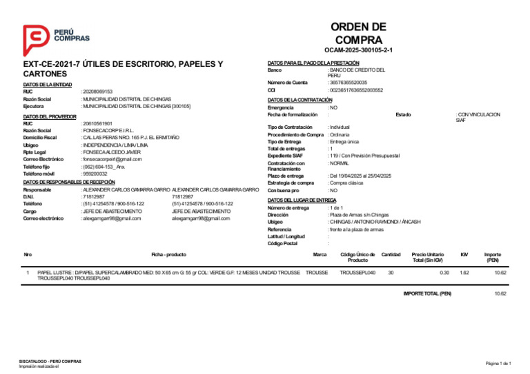Orden de Compra OCAM 2025 Chingas | PDF