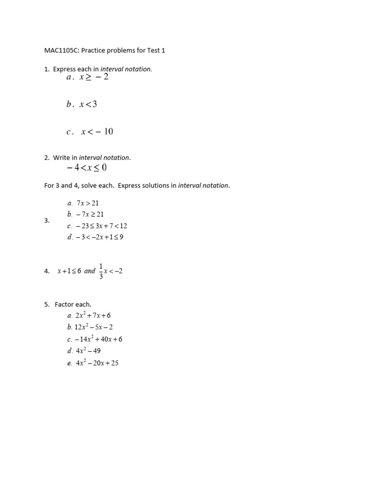 MAC1105C Test 1 Practice Problems | PDF
