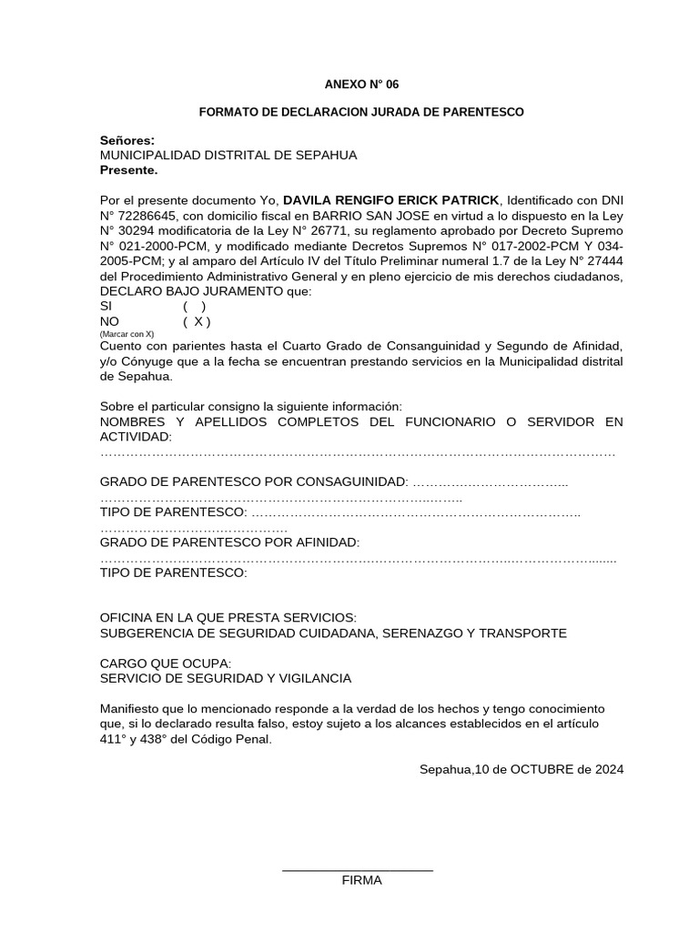 ANEXO N° 06 - DECLARACION JURADA PARENTESCO | PDF
