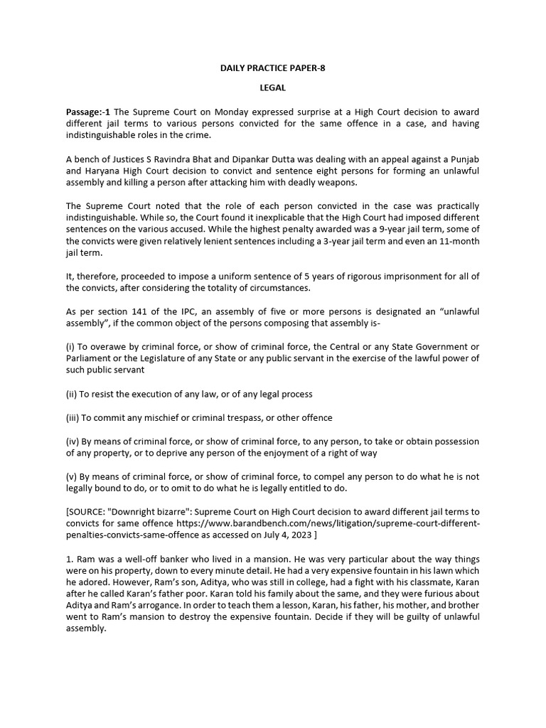 Daily Practice Paper-8 Legal Q's | PDF | Arrest | Bail