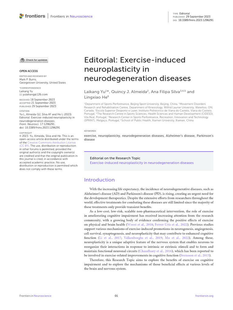 Editorial Exercise-Induced Ne | PDF | Neuroplasticity | Amyloid Beta