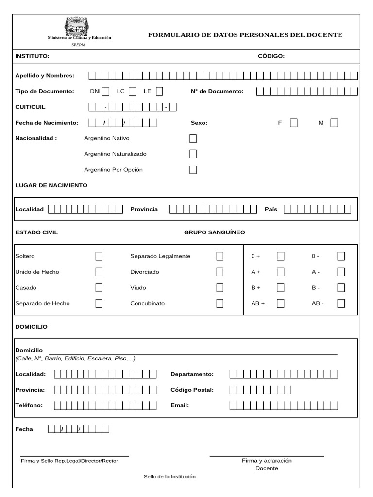 Ficha de Datos Personales Docente | PDF