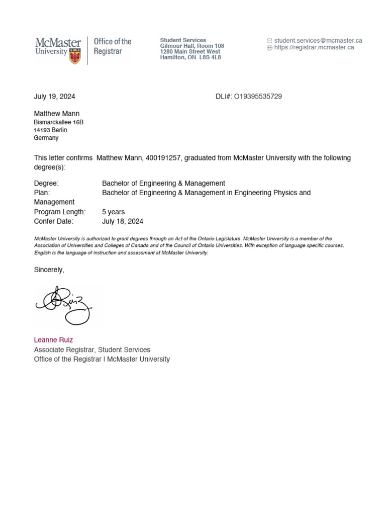 McMaster University Graduation Confirmation | PDF