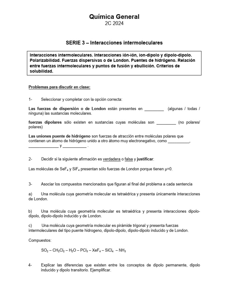 Serie 3 - 2C - 2024 | PDF | Fuerza intermolecular | Polaridad química