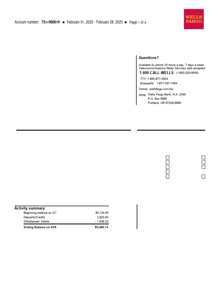 Wells Fargo Bank Statement Summary 2025 | PDF | Overdraft | Fee