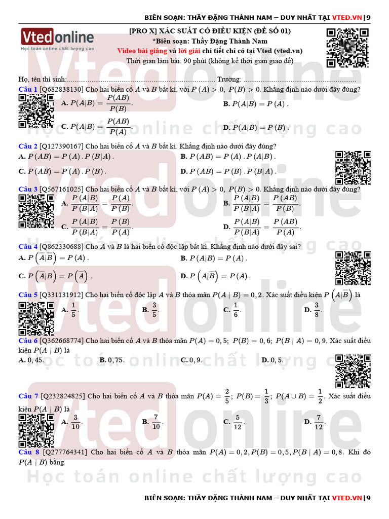 PRO X Xác suất có điều kiện Đề số 01 - Học toán online chất lượng cao ...