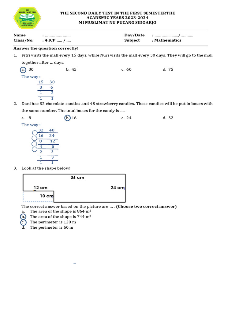 Math Test for 4 ICP Students 2023 | PDF | Area | Elementary Geometry