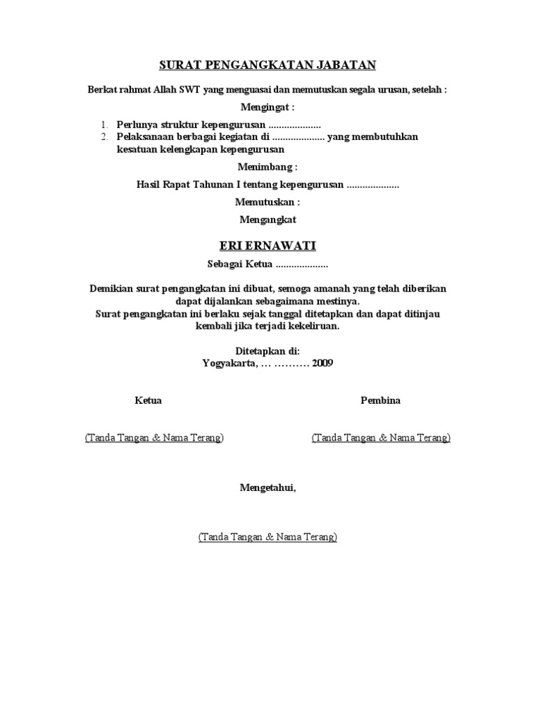 Contoh Surat Pengangkatan Jabatan