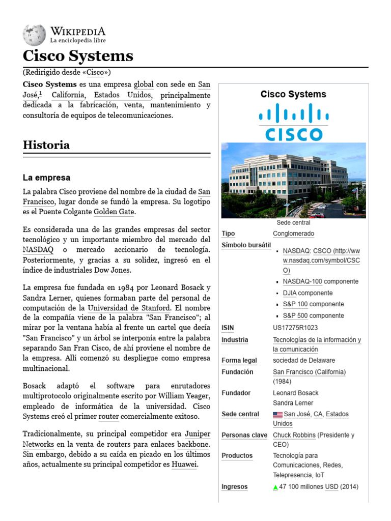 Cisco Systems - Wikipedia, La Enciclopedia Libre | PDF | Ingeniería ...