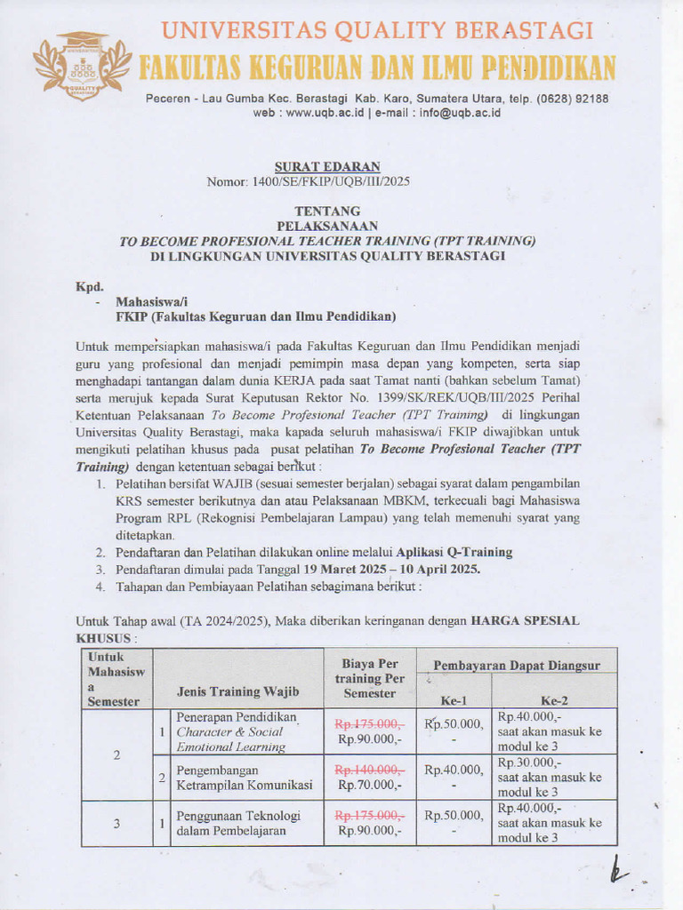 1400 Edaran TPT Training UQB | PDF