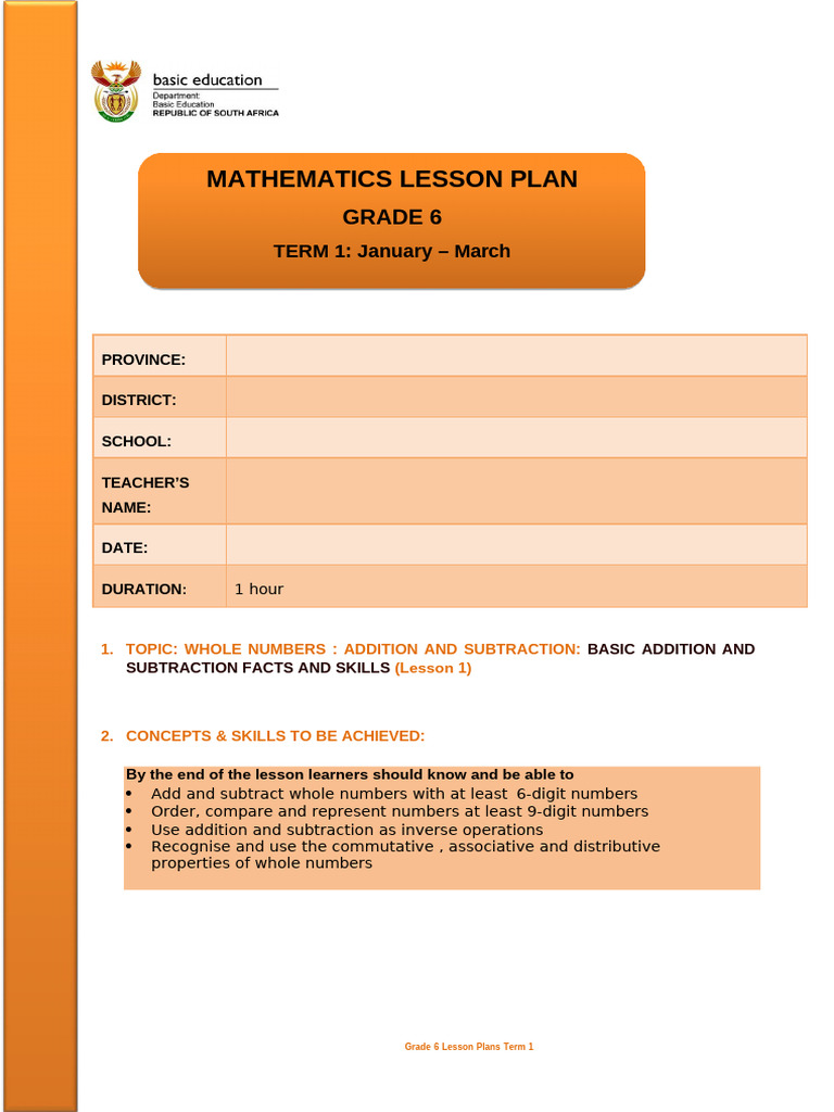 Grade 6 Term 1 Whole Numbers Addition and Subtraction Lesson 1-5 | PDF ...