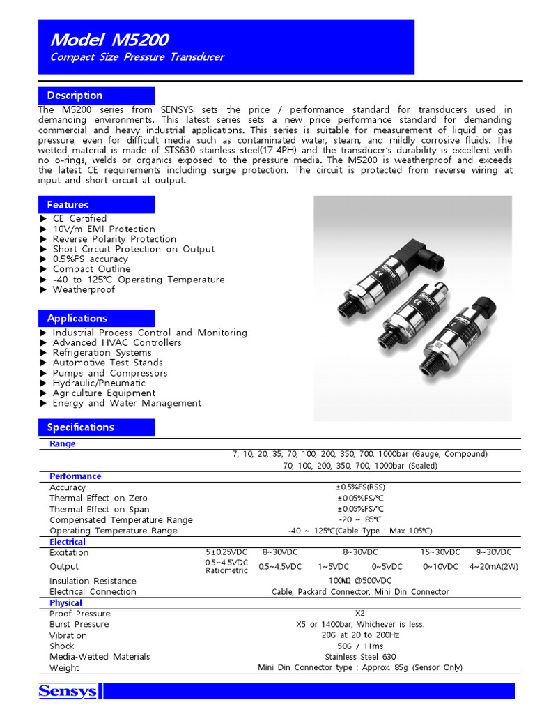 M5200 Compact Pressure Transducer | PDF | Electrical Connector ...