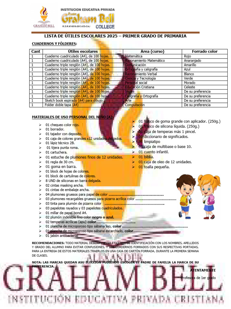 LISTA DE ÚTILES ESCOLARES 2025 - Primer Grado | PDF | Cuaderno ...