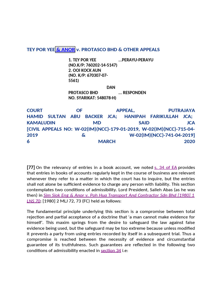 Court Appeal Case: Tey Por Yee v. Protasco | PDF