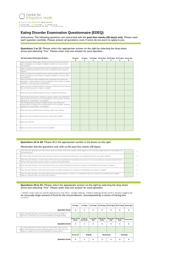 EDEQ: Eating Disorder Assessment Tool | PDF | Eating | Behavioural Sciences