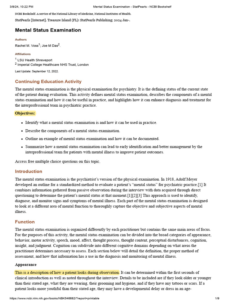 Mental Status Examination Overview | PDF | Mental Disorder | Hallucination