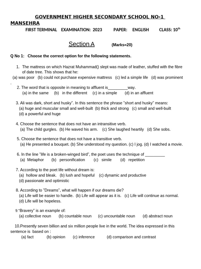 Class 10 English Exam Paper 2023 | PDF