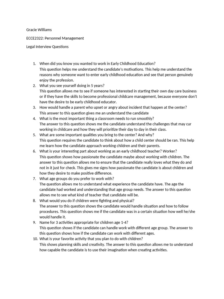 Essential Legal Interview Questions for ECE | PDF | Child Care | Teachers