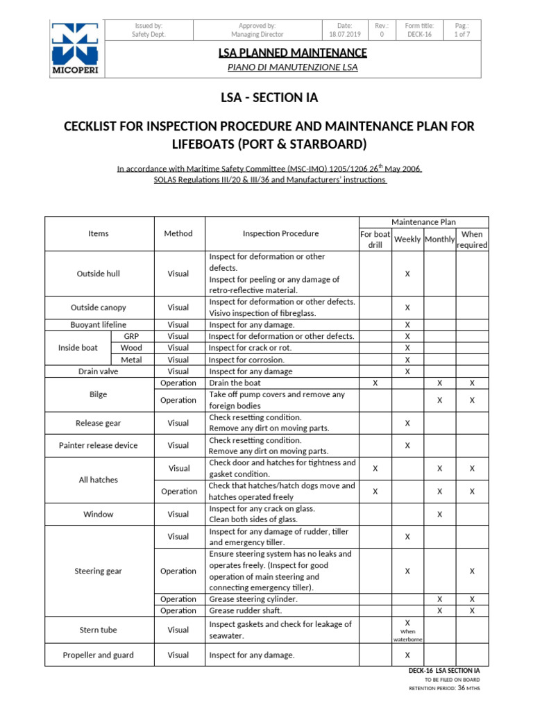 Lifeboat Maintenance Checklist | PDF | Valve | Mechanical Engineering