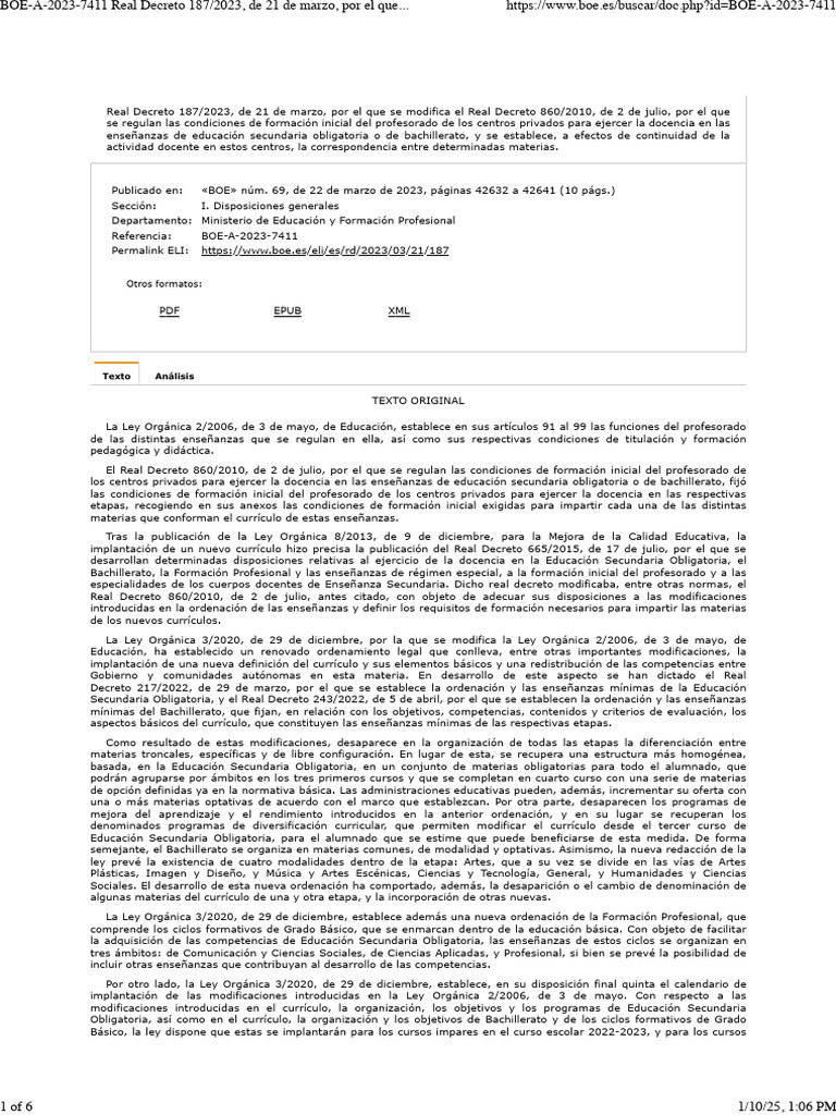 Modificación del Real Decreto 187/2023 | PDF | Licenciatura | Plan de ...
