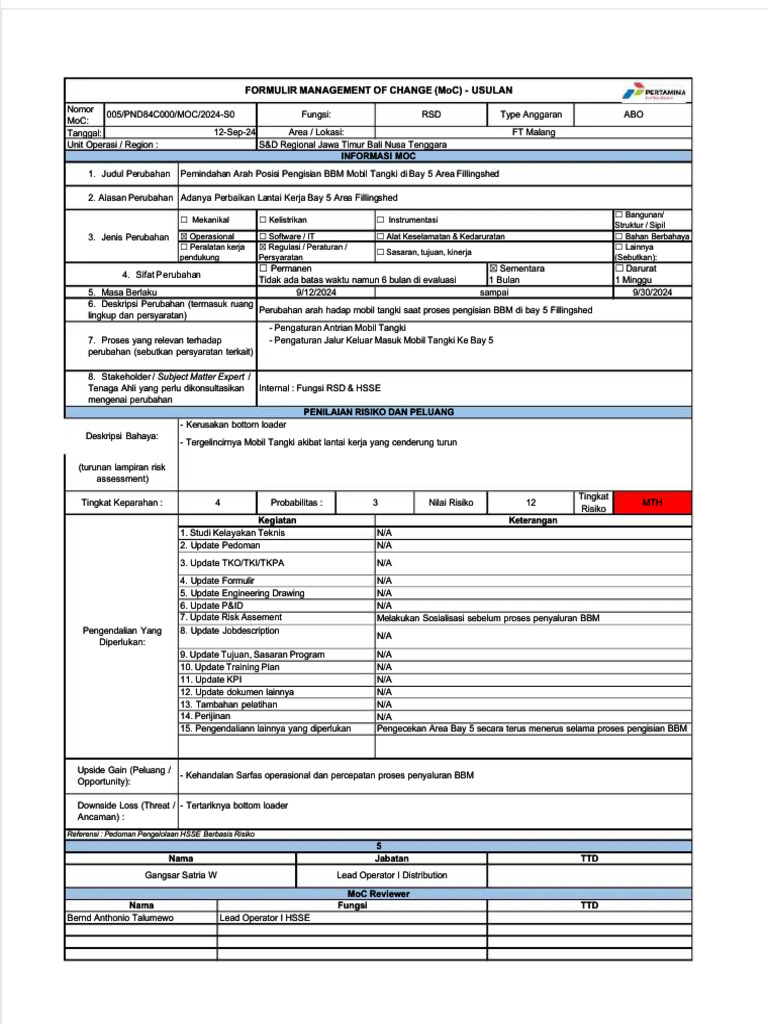 Formulir Usulan MoC Pengisian BBM | PDF